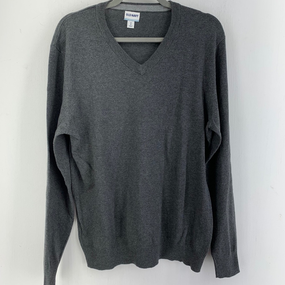 Old Navy Mens Medium Gray V-Neck Cotton Pullover Sweater Fine Knit Preppy Casual